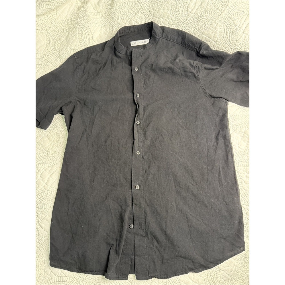 Zara Shirt Mens Small Black Solid Short Sleeve Button Up Slim Fit Band Collar